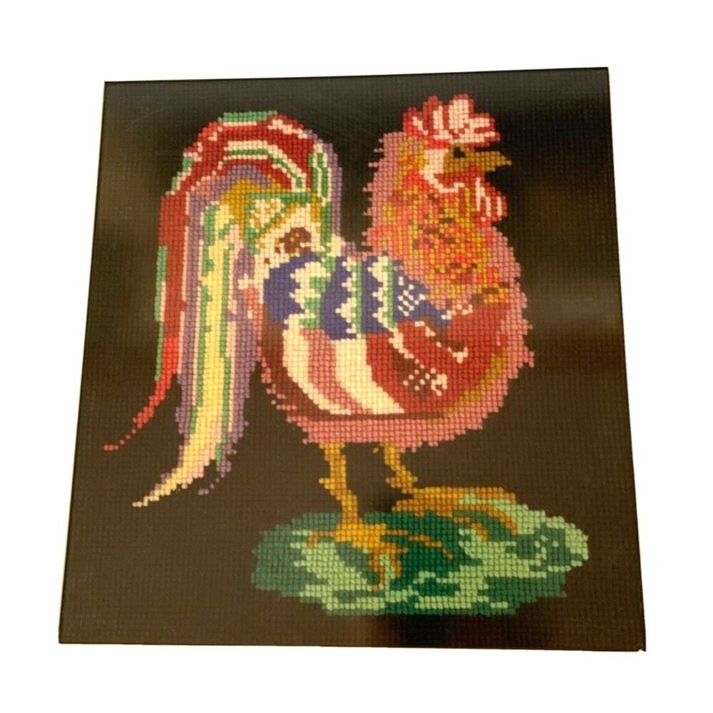 Vintage Rooster Needlepoint Wall Art 12" x 12" Framed Farmhouse Retro
